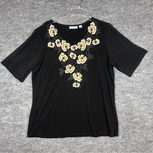 Susan Graver Black Floral Lace Appliqué Top L Short Sleeve